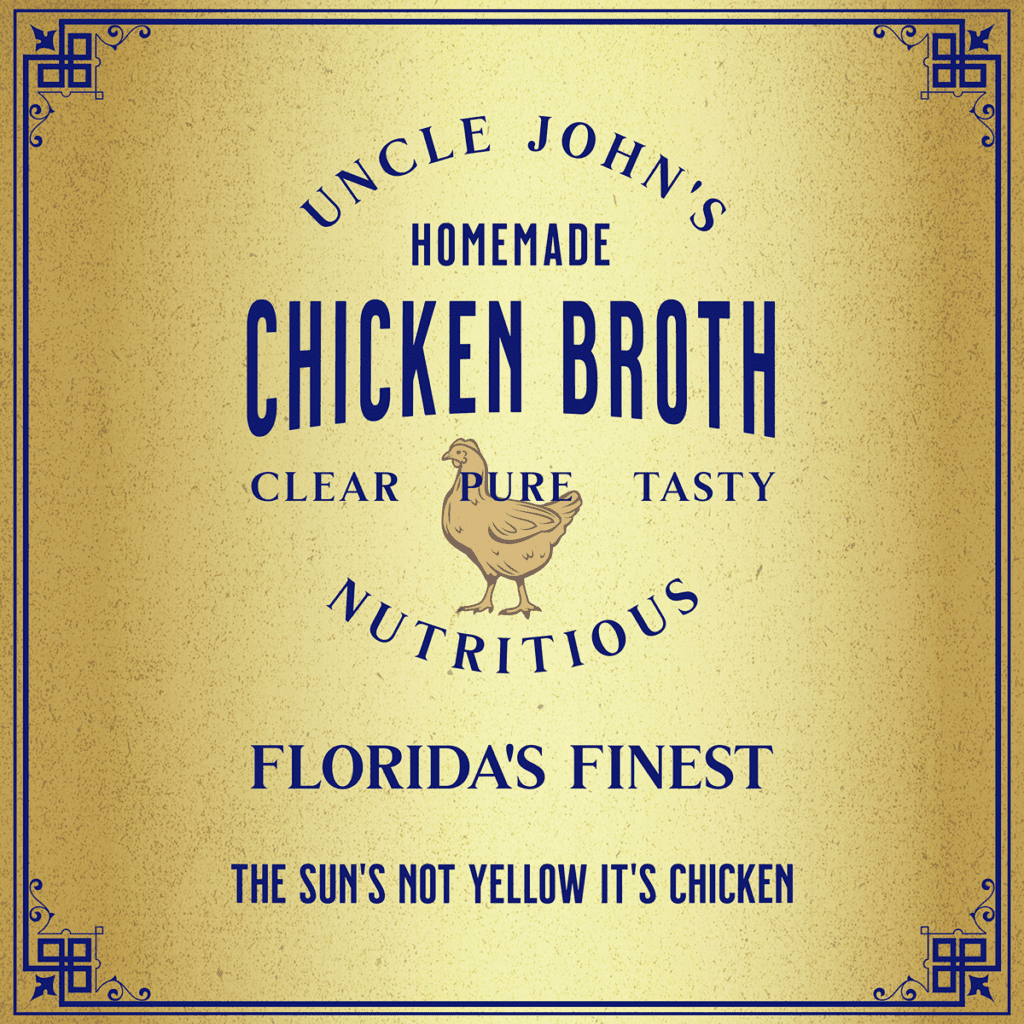 Uncle John's chicken broth Label Gold and blue