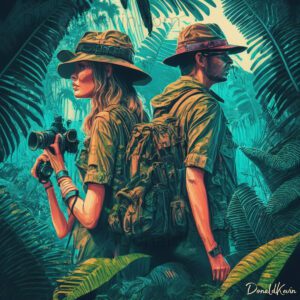 A man and woman dressed in jungle gear exploring an untamed jungle. The image is done in Synthwave style