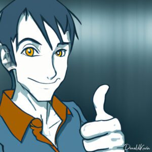 An Anime of a man standing, looking very satisfied, giving a thumbs up sign, eyes the same color
