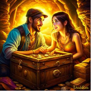 A man and woman looking at each other with gazes of delight as the sit over their treasure chest. It's an indication of the treasure they have inside of them