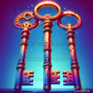 3 keys, standing up. Done in steampunk style with hues of blue and bronze set against a starry background.