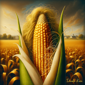 An ear of corn front and centered set against the backdrop of a cornfield