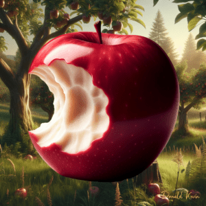 An apple with a bite taken out of it set against an orchard