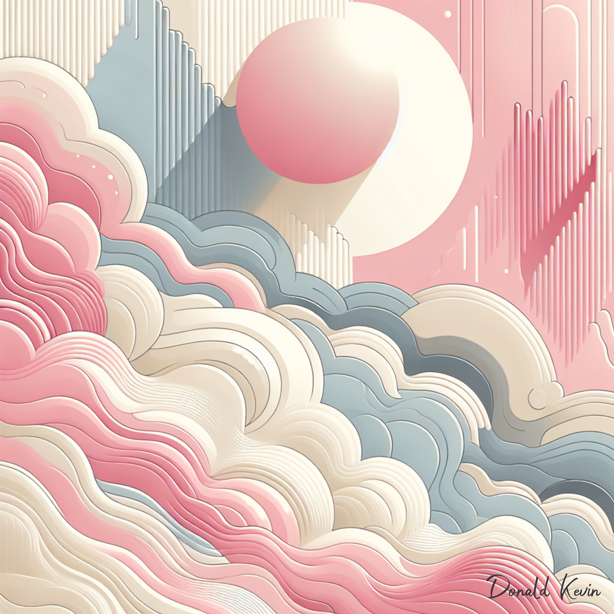 Abstract Shades of pastel pink complimented with creamy whites soft grays and pastel blues done in a synthwave design Waves of color with circles and line accents.