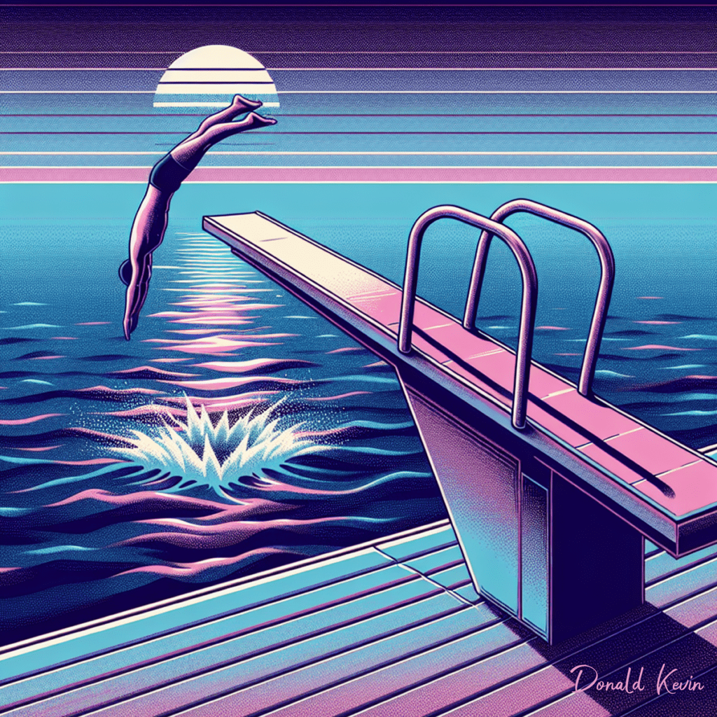 Synthwave style image of a man diving into a pool of color. The colors are deep blues, purples, grays and pastel pinks.