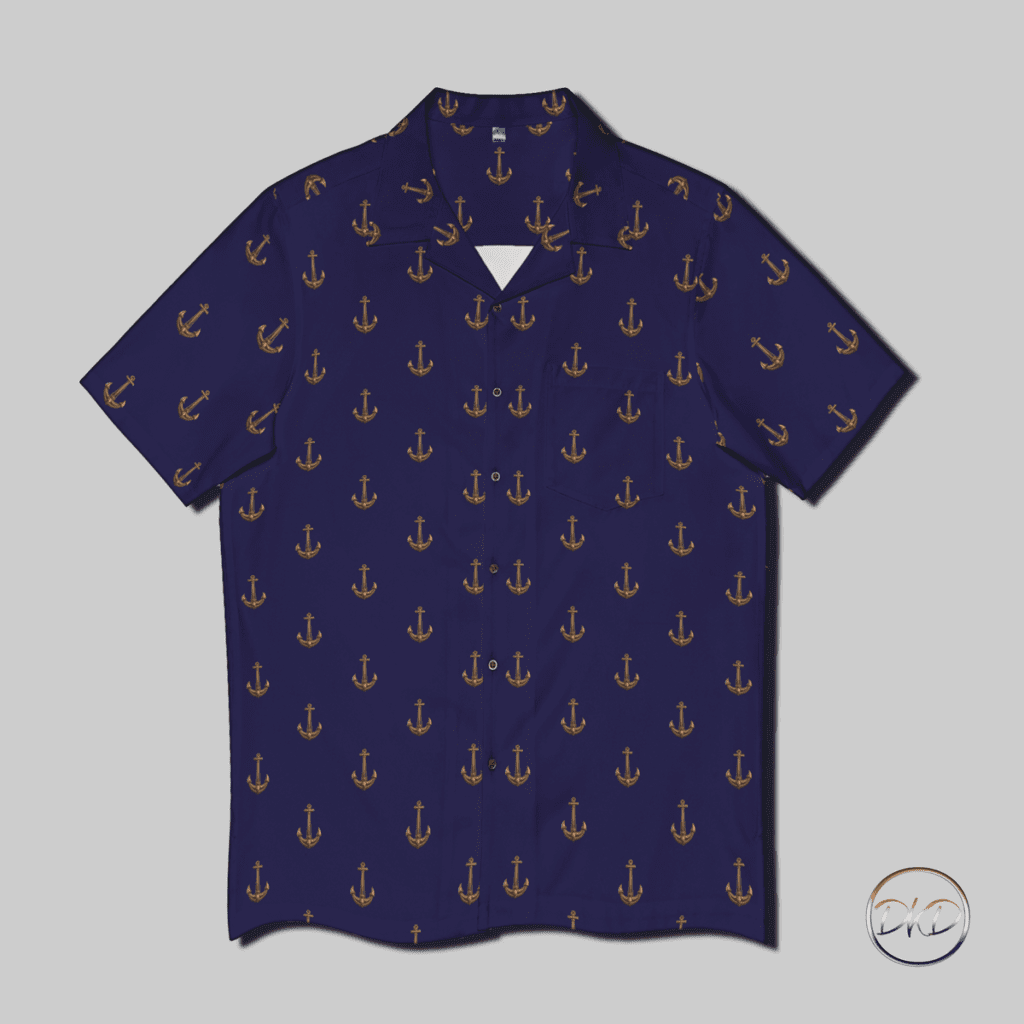 Nautical Button Down Shirt. Brass anchor pattern set against a deep navy blue background