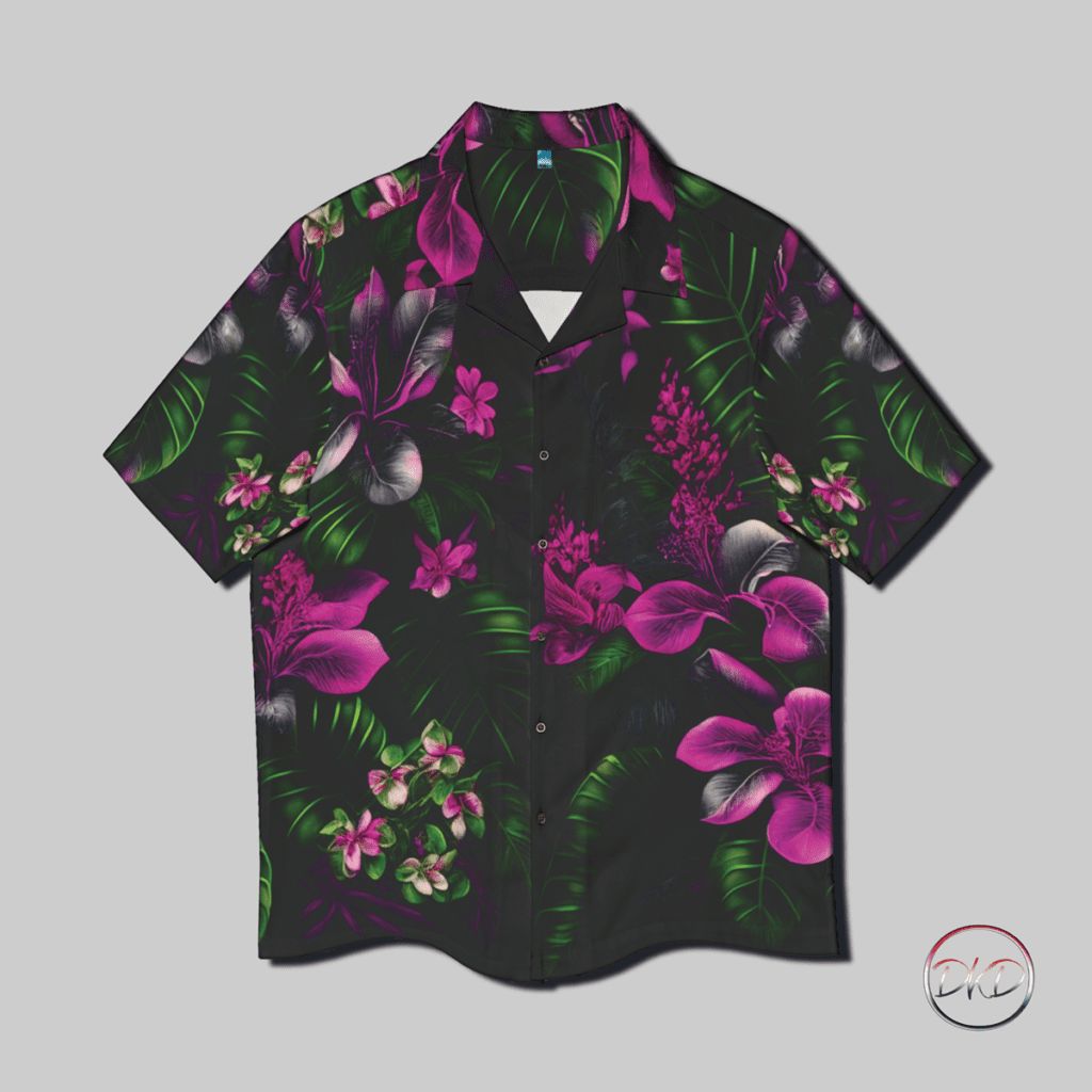 Hawaiian Purple Hibiscus shirt with bronze broad leaves and pale pink flowers